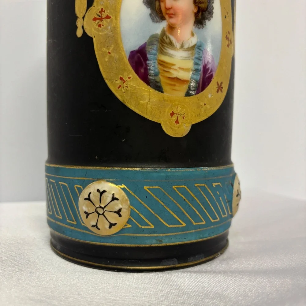 Antique Old Paris Porcelain Portrait Vase Black Gold Trim Decorative‎
